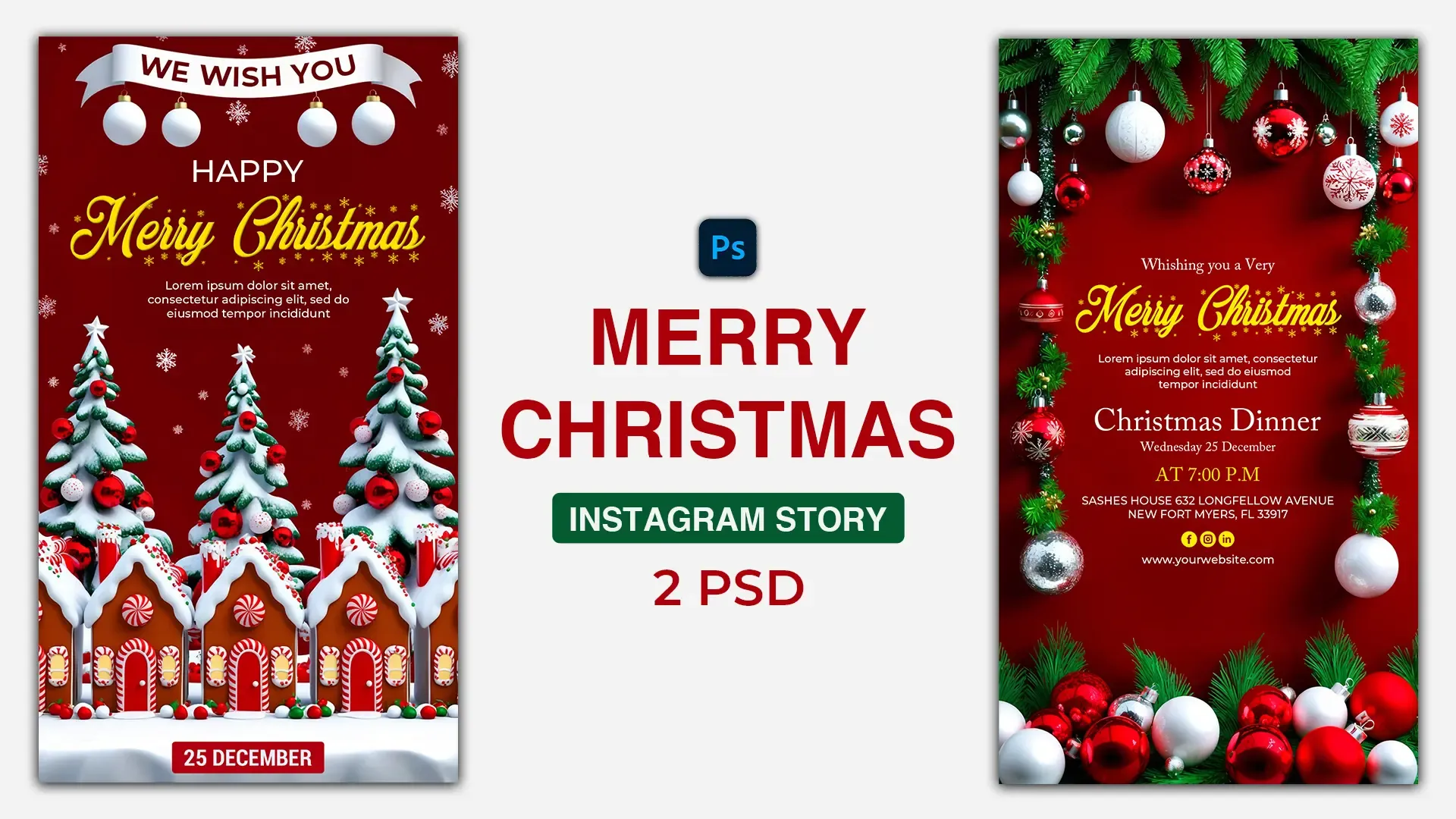 Merry Christmas E-Card Instagram Story with Gingerbread Houses and Festive Decorations